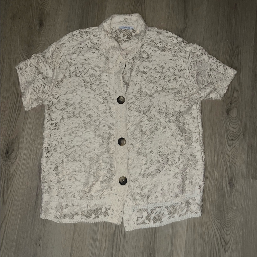 Zara Cream Lace Button-Down Top L